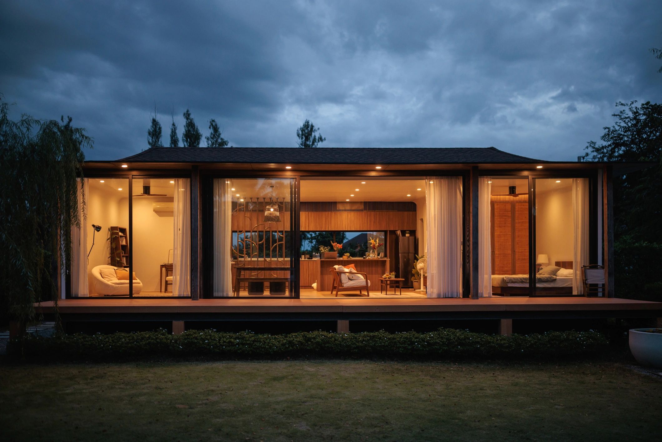 Exterior of a modern residential house at dusk